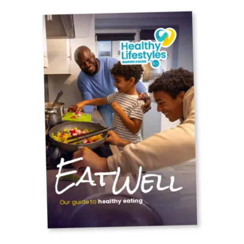 The Healthy Lifestyles Warwickshire Eatwell cookbook cover — a family cooking a healthy stir-fry together at home.